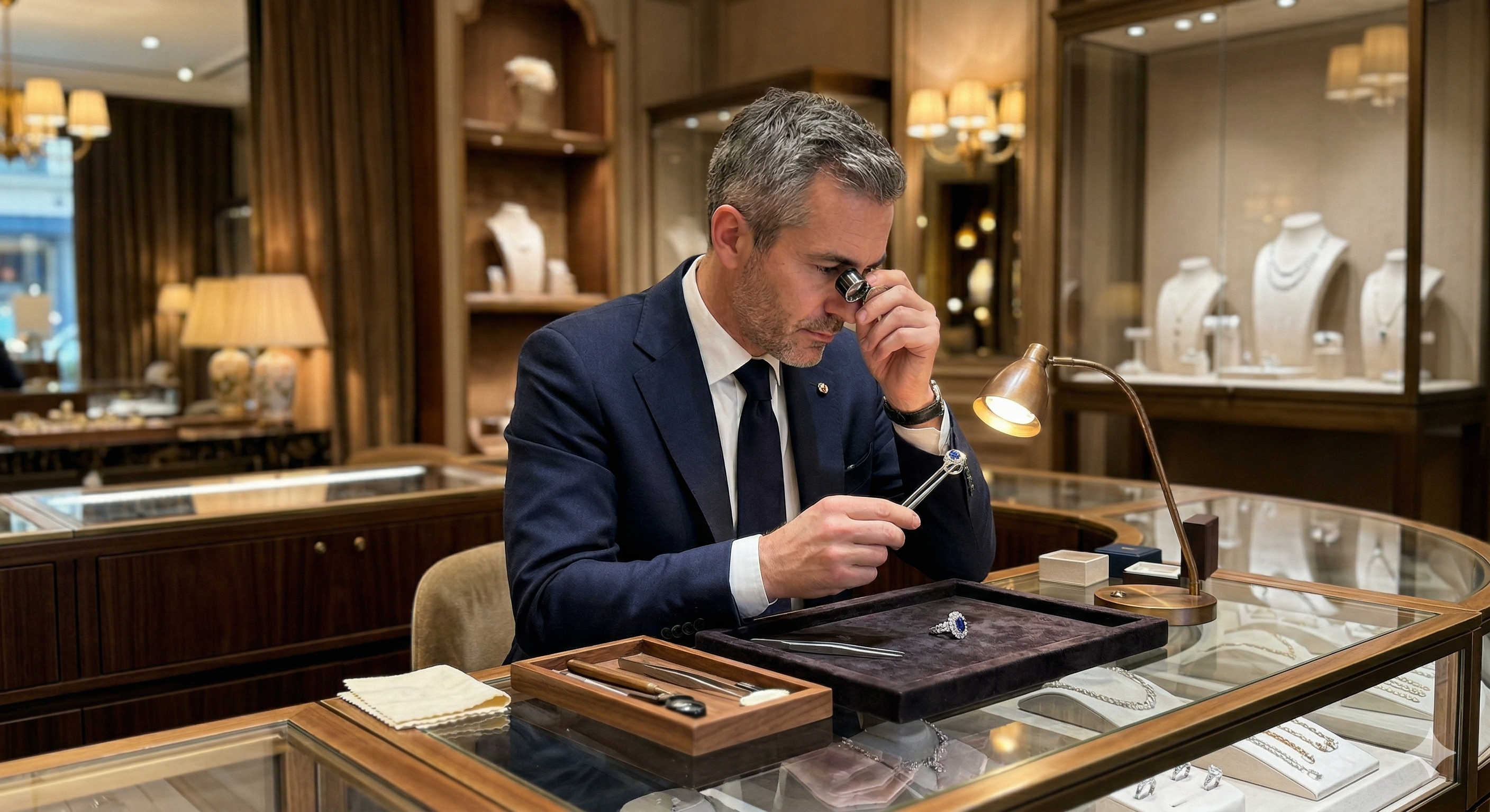 Bijoutier professionnel examinant une pièce à la loupe